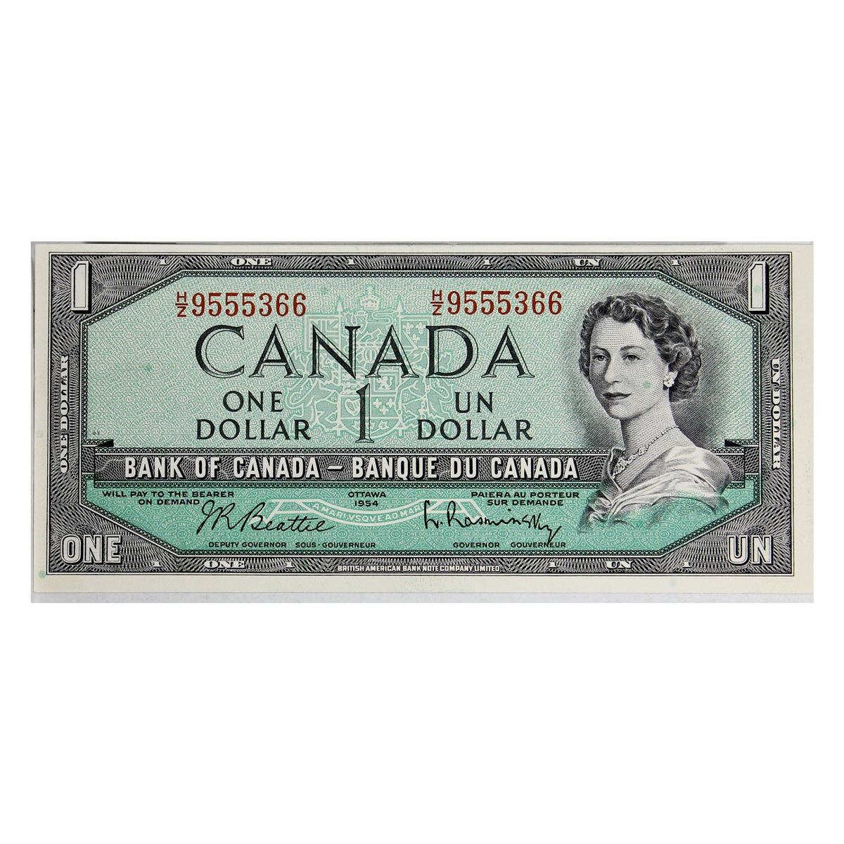 BC-37b-i 1954 Canada $1 Beattie-Rasminsky, H/Z, Choice Uncirculated (CUNC63)