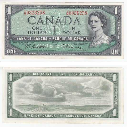 BC-37b-i 1954 Canada $1 Beattie-Rasminsky, I/M, AU-UNC (AU55)
