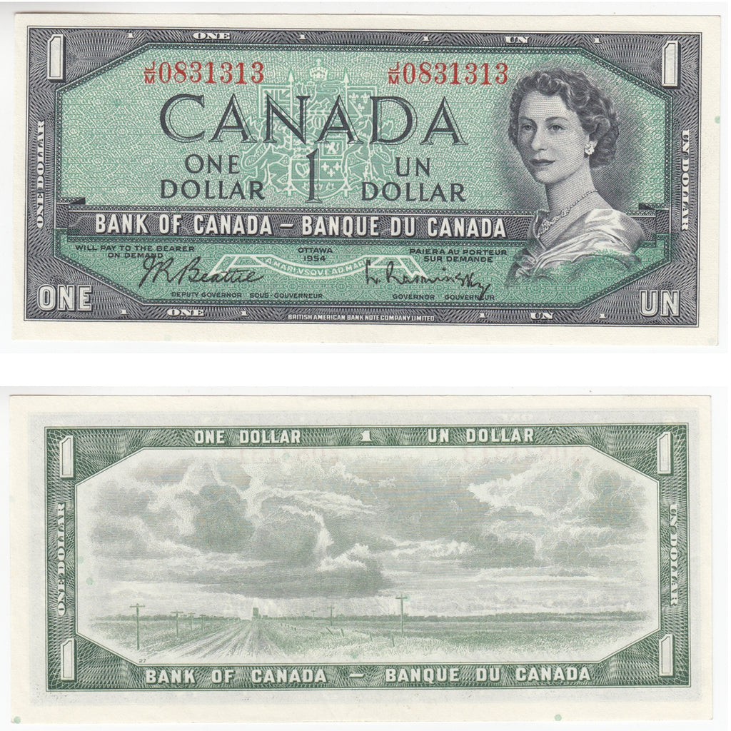 BC-37b-i 1954 Canada $1 Beattie-Rasminsky, J/M, Almost Uncirculated (AU50)