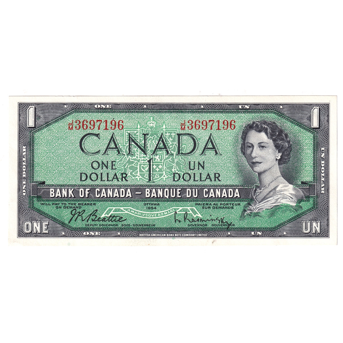 BC-37b-i 1954 Canada $1 Beattie-Rasminsky, J/M, AU-UNC (AU55)