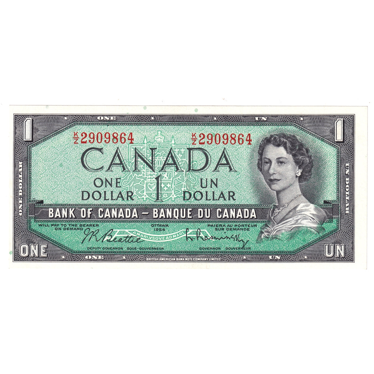 BC-37b-i 1954 Canada $1 Beattie-Rasminsky, K/Z, Uncirculated (MS60)