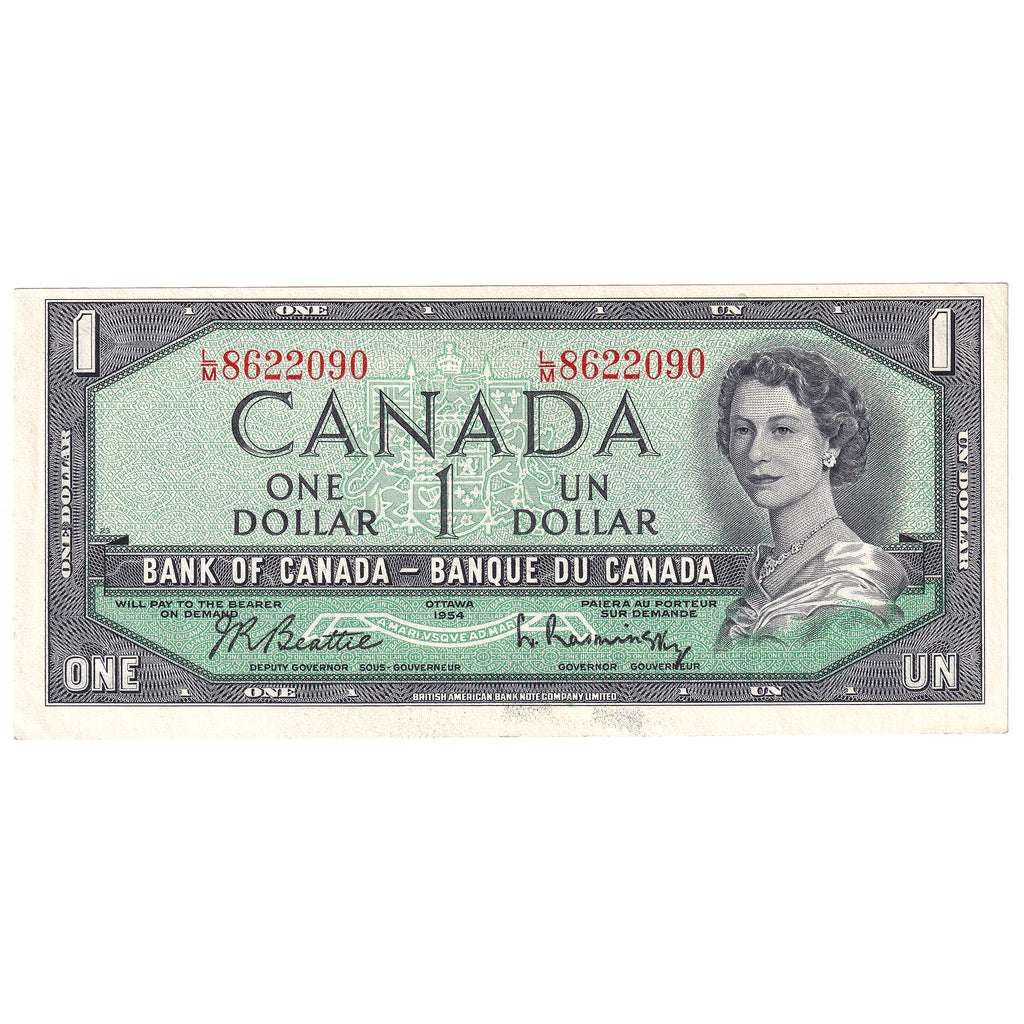 BC-37b-i 1954 Canada $1 Beattie-Rasminsky, L/M, Almost Uncirculated (AU50)