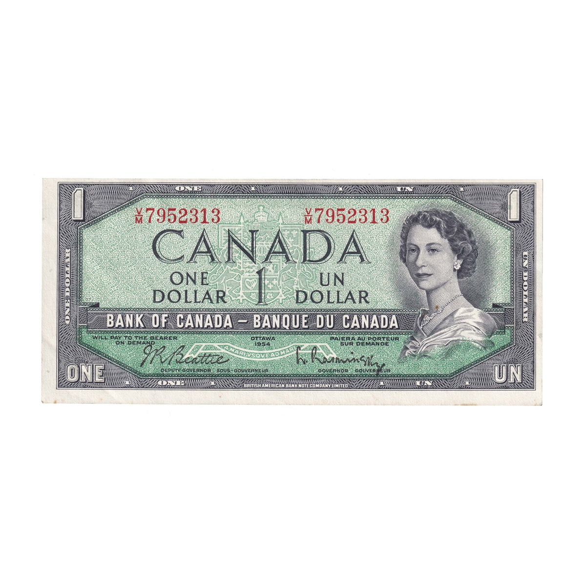 BC-37b-i 1954 Canada $1 Beattie-Rasminsky, V/M, Almost Uncirculated (AU50)