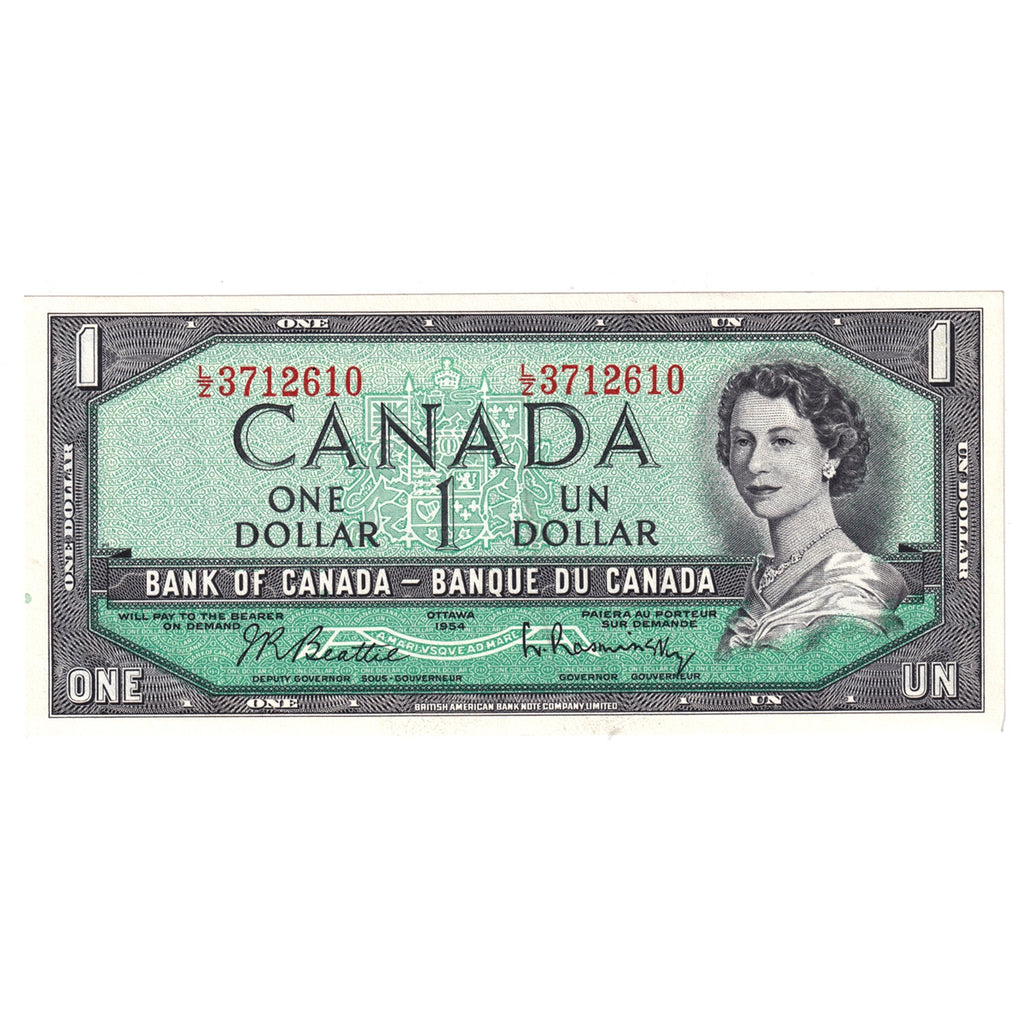 BC-37b-i 1954 Canada $1 Beattie-Rasminsky, L/Z, AU-UNC (AU55)