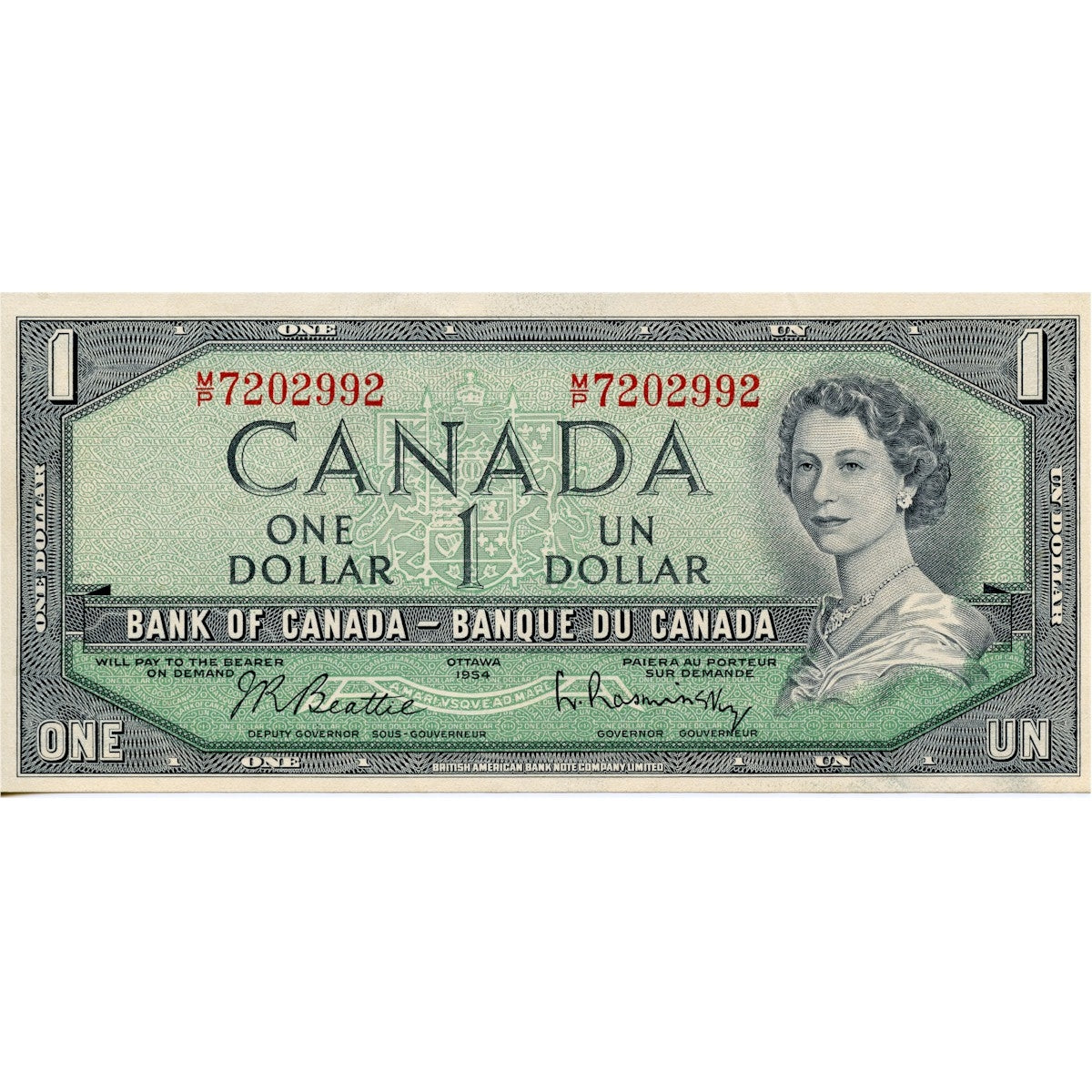 BC-37b-i 1954 Canada $1 Beattie-Rasminsky, M/P, EF-AU (EF45)