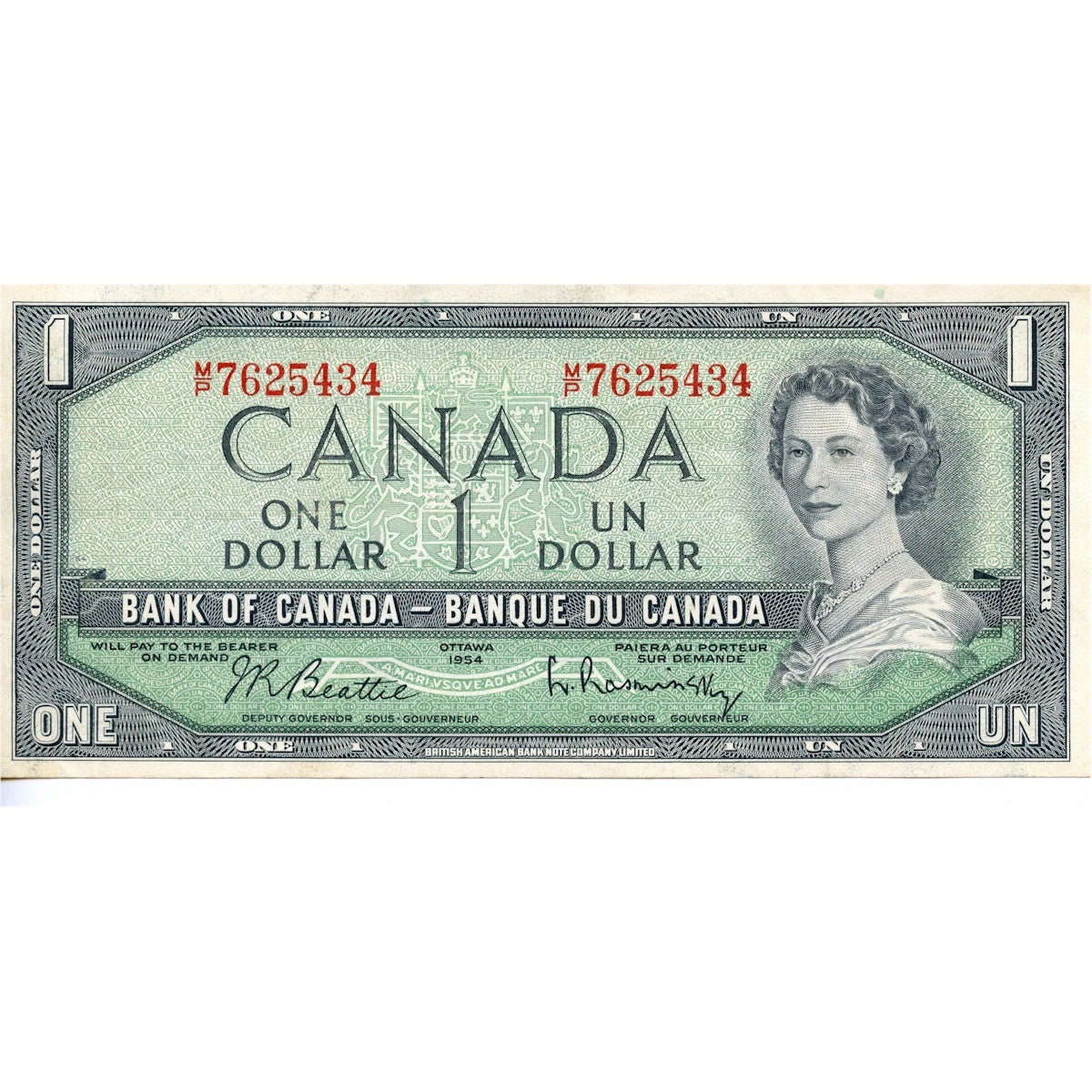 BC-37b-i 1954 Canada $1 Beattie-Rasminsky, M/P, VF-EF (VF30)