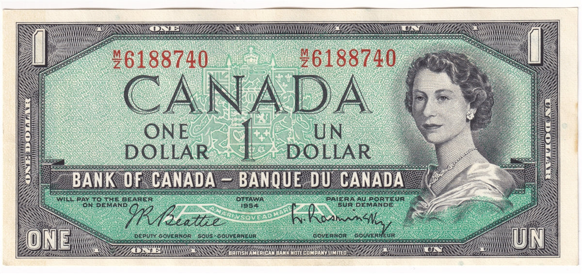 BC-37b-i 1954 Canada $1 Beattie-Rasminsky, M/Z, AU-UNC (AU55)