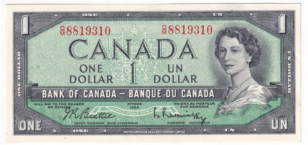 BC-37b-i 1954 Canada $1 Beattie-Rasminsky, O/M, AU-UNC (AU55)