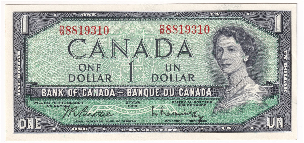 BC-37b-i 1954 Canada $1 Beattie-Rasminsky, O/M, AU-UNC (AU55)