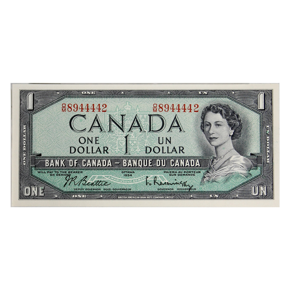 BC-37b-i 1954 Canada $1 Beattie-Rasminsky, O/M, Choice Uncirculated (CUNC63)