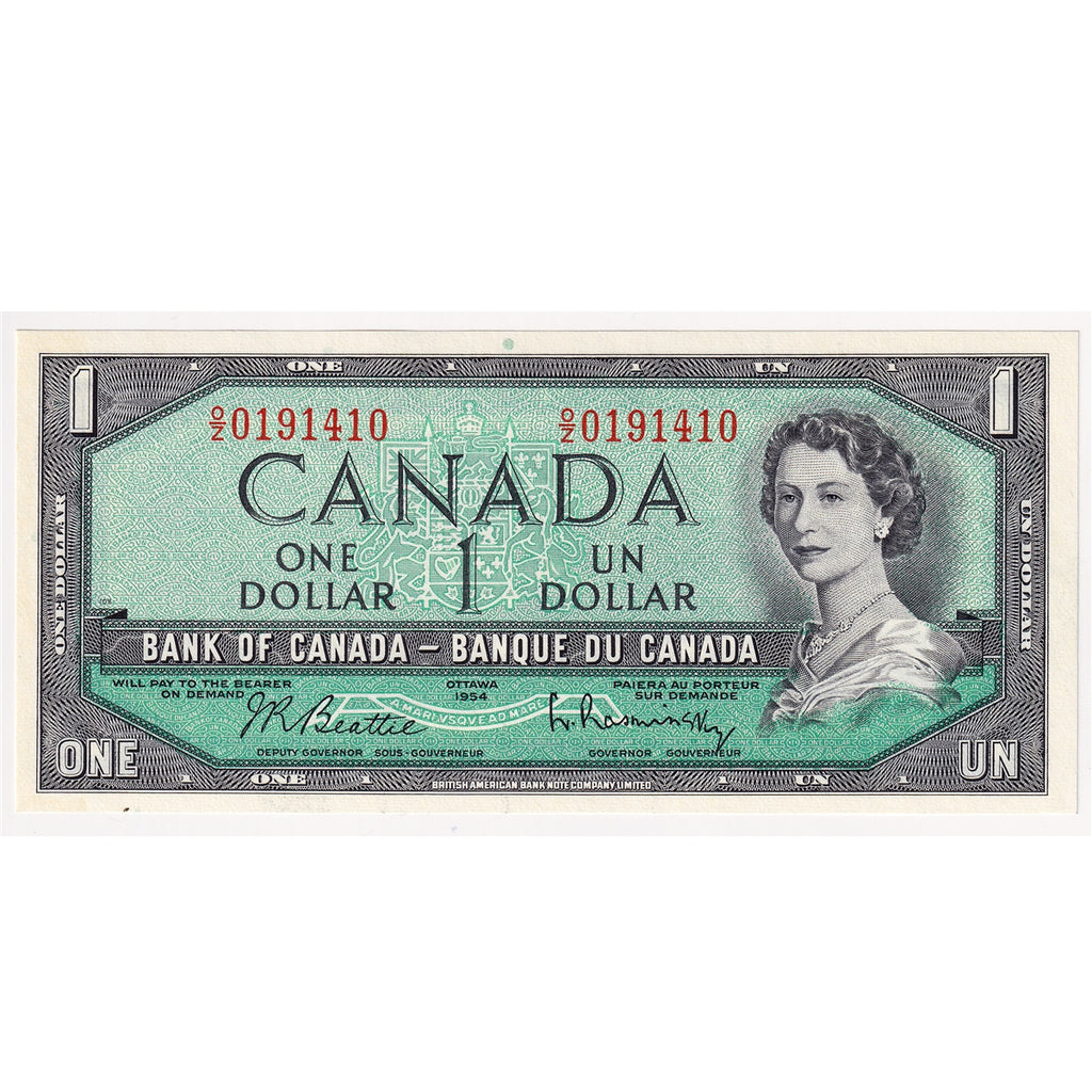 BC-37b-i 1954 Canada $1 Beattie-Rasminsky, O/Z, Uncirculated (MS60)