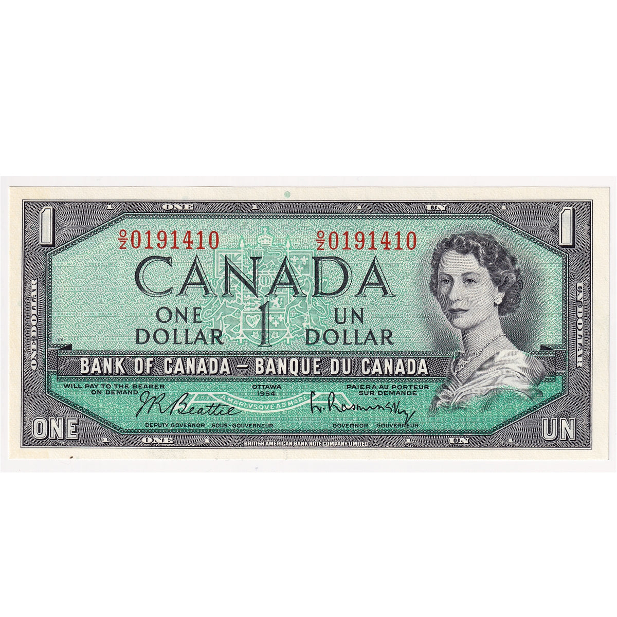 BC-37b-i 1954 Canada $1 Beattie-Rasminsky, O/Z, Uncirculated (MS60)