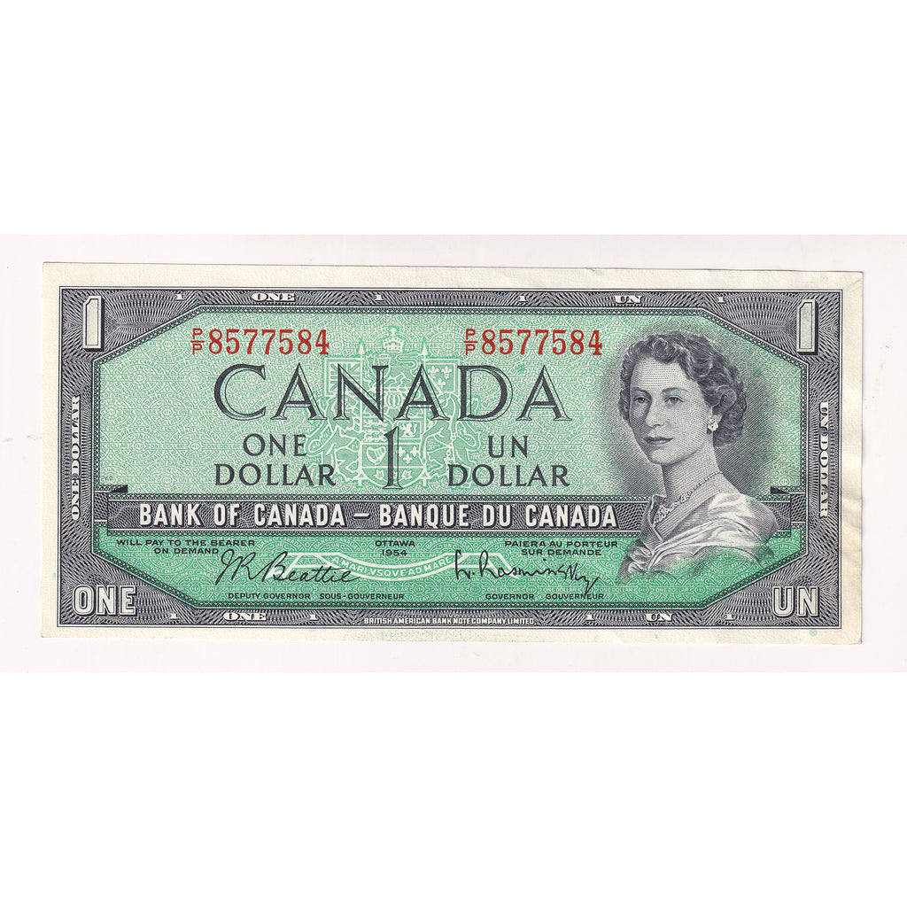 BC-37b-i 1954 Canada $1 Beattie-Rasminsky, P/P, Almost Uncirculated (AU50)
