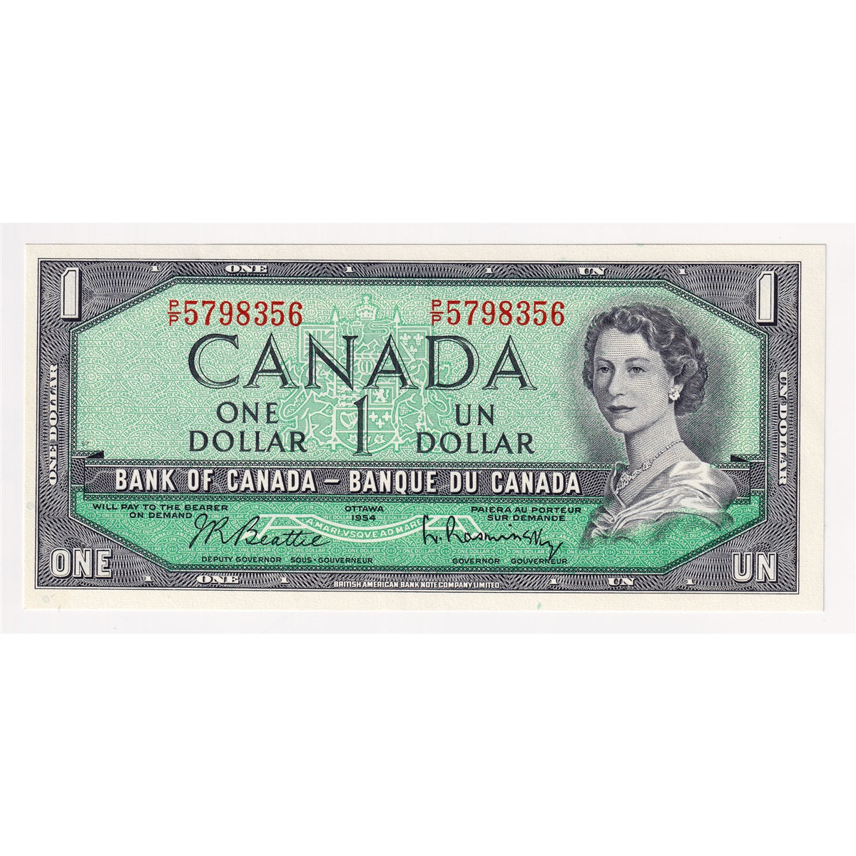 BC-37b-i 1954 Canada $1 Beattie-Rasminsky, P/P, AU-UNC (AU55)
