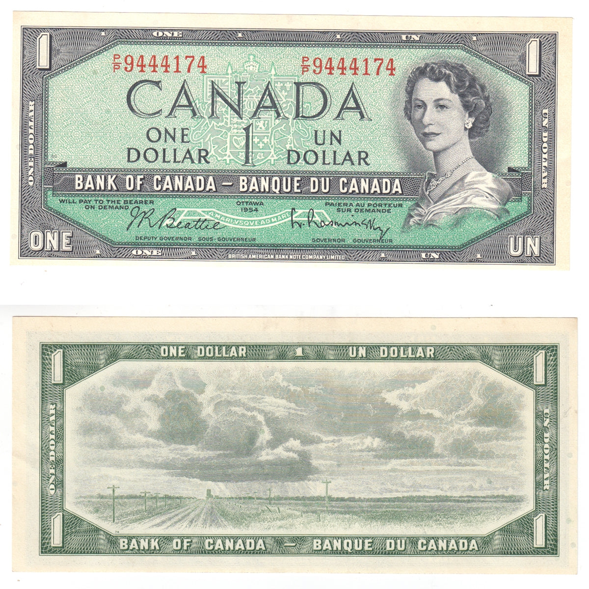 BC-37b-i 1954 Canada $1 Beattie-Rasminsky, P/P, Uncirculated (MS60)
