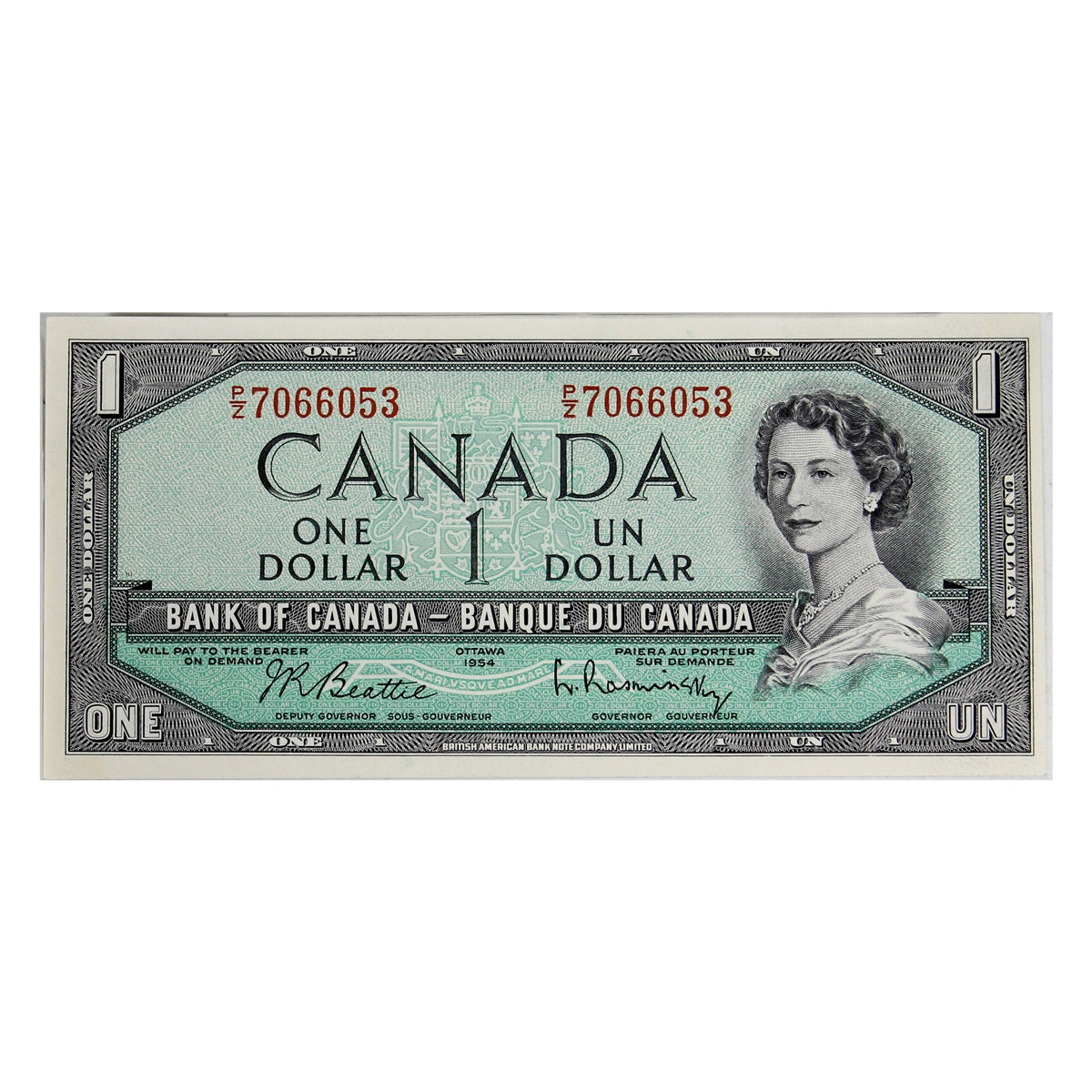 BC-37b-i 1954 Canada $1 Beattie-Rasminsky, P/Z, AU-UNC (AU55)