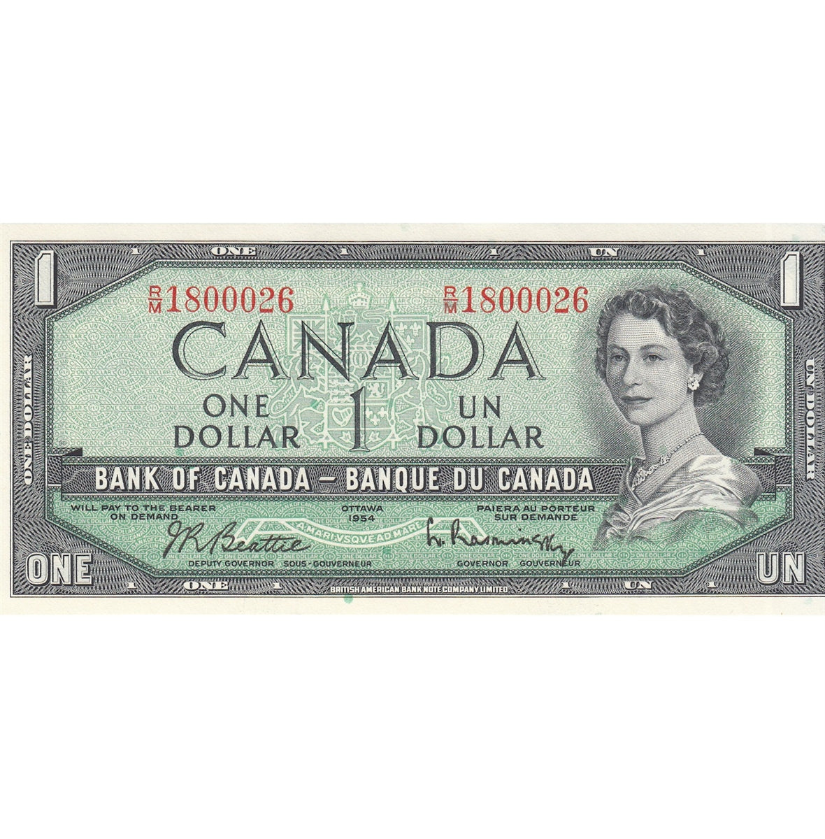 BC-37b-i 1954 Canada $1 Beattie-Rasminsky, R/M, Choice Uncirculated (CUNC63)