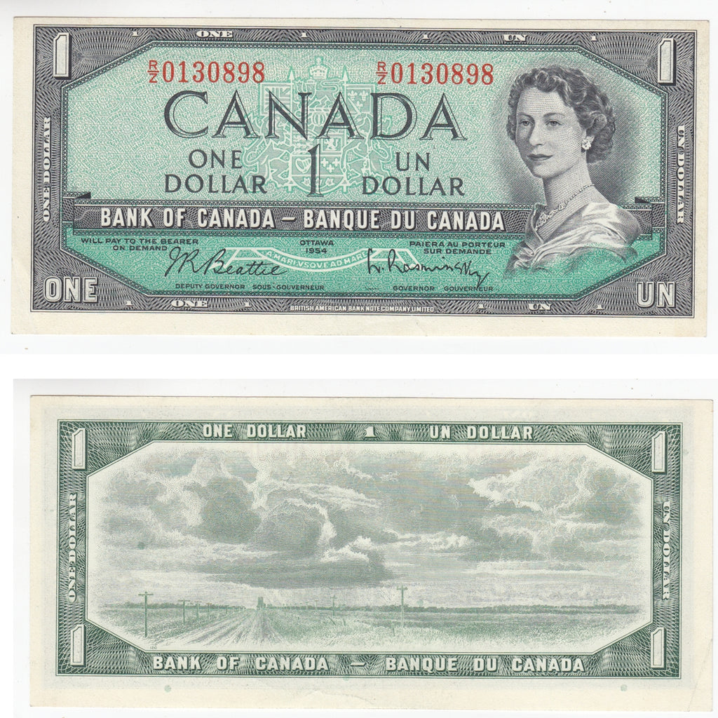 BC-37b-i 1954 Canada $1 Beattie-Rasminsky, R/Z, Almost Uncirculated (AU50)