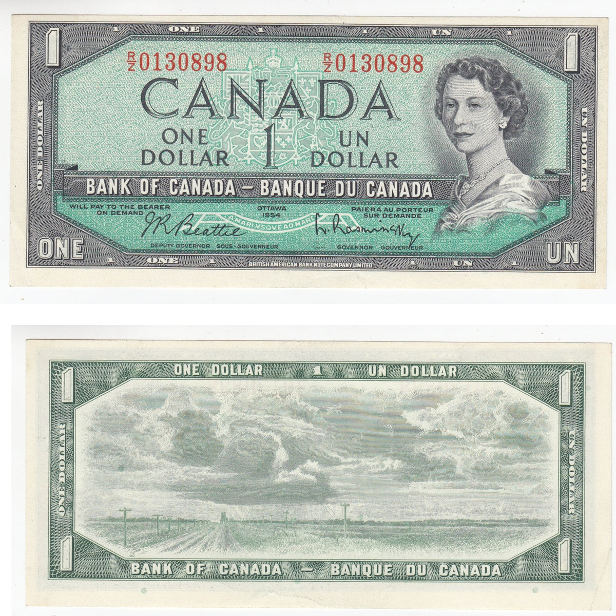 BC-37b-i 1954 Canada $1 Beattie-Rasminsky, R/Z, Almost Uncirculated (AU50)