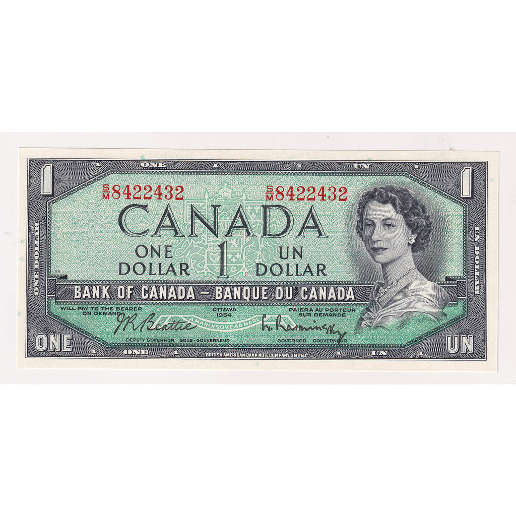 BC-37b-i 1954 Canada $1 Beattie-Rasminsky, S/M, Choice Uncirculated (CUNC63)