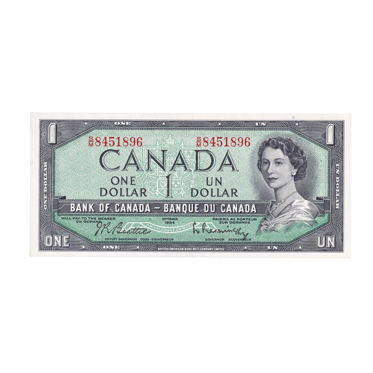 BC-37b-i 1954 Canada $1 Beattie-Rasminsky, S/M, Uncirculated (MS60)