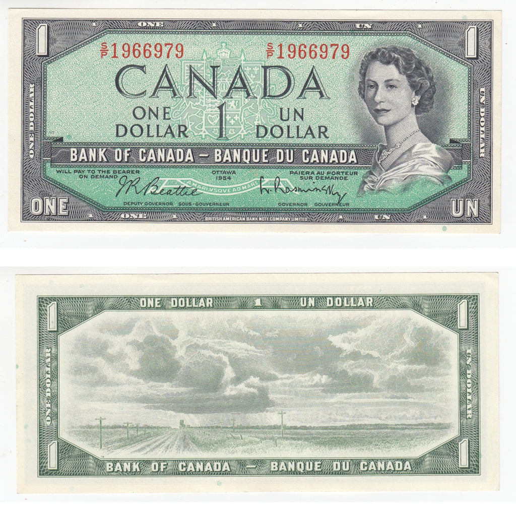 BC-37b-i 1954 Canada $1 Beattie-Rasminsky, S/P, AU-UNC (AU55)