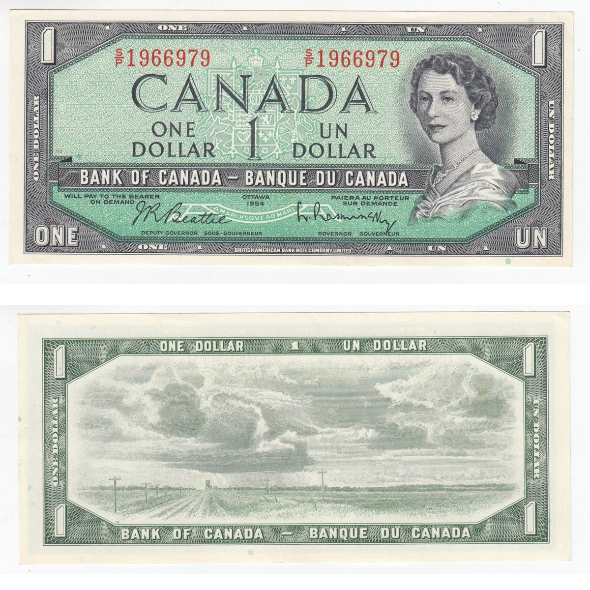 BC-37b-i 1954 Canada $1 Beattie-Rasminsky, S/P, AU-UNC (AU55)