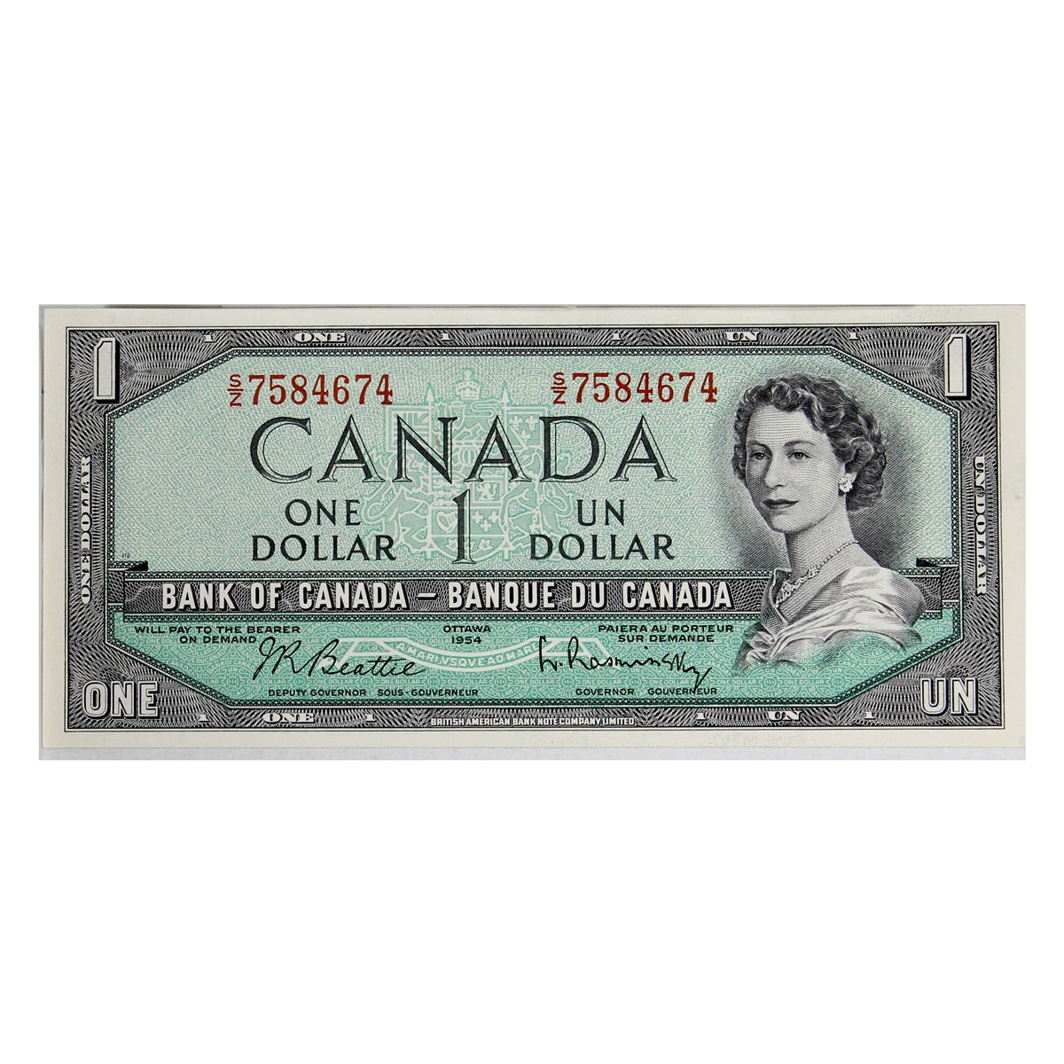 BC-37b-i 1954 Canada $1 Beattie-Rasminsky, S/Z, AU-UNC (AU55)