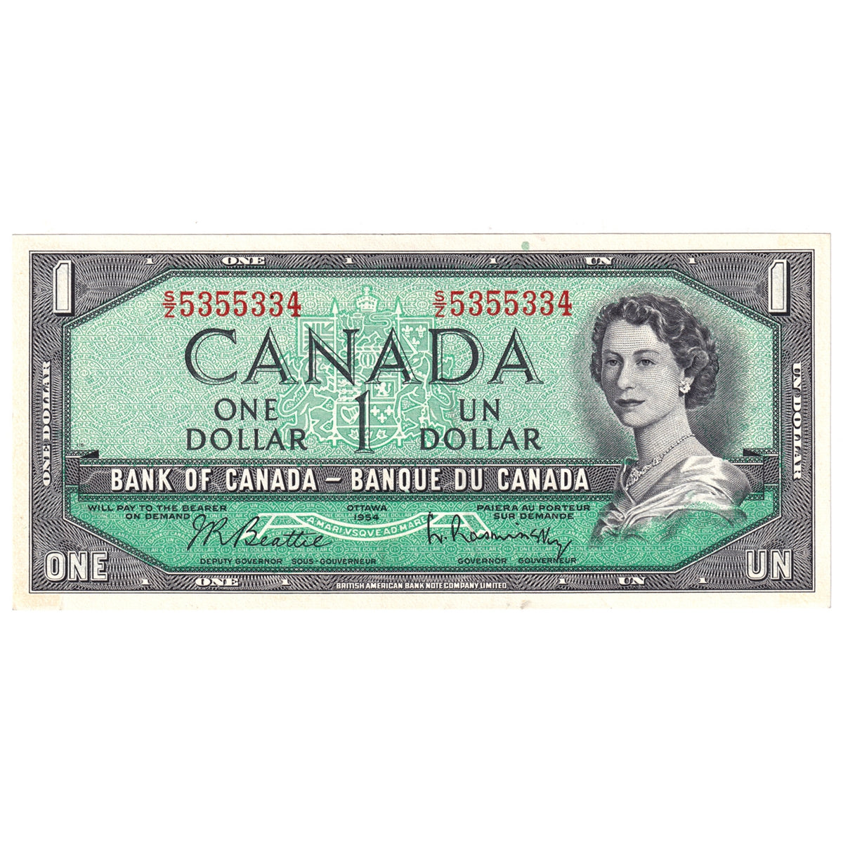 BC-37b-i 1954 Canada $1 Beattie-Rasminsky, S/Z, Uncirculated (MS60)