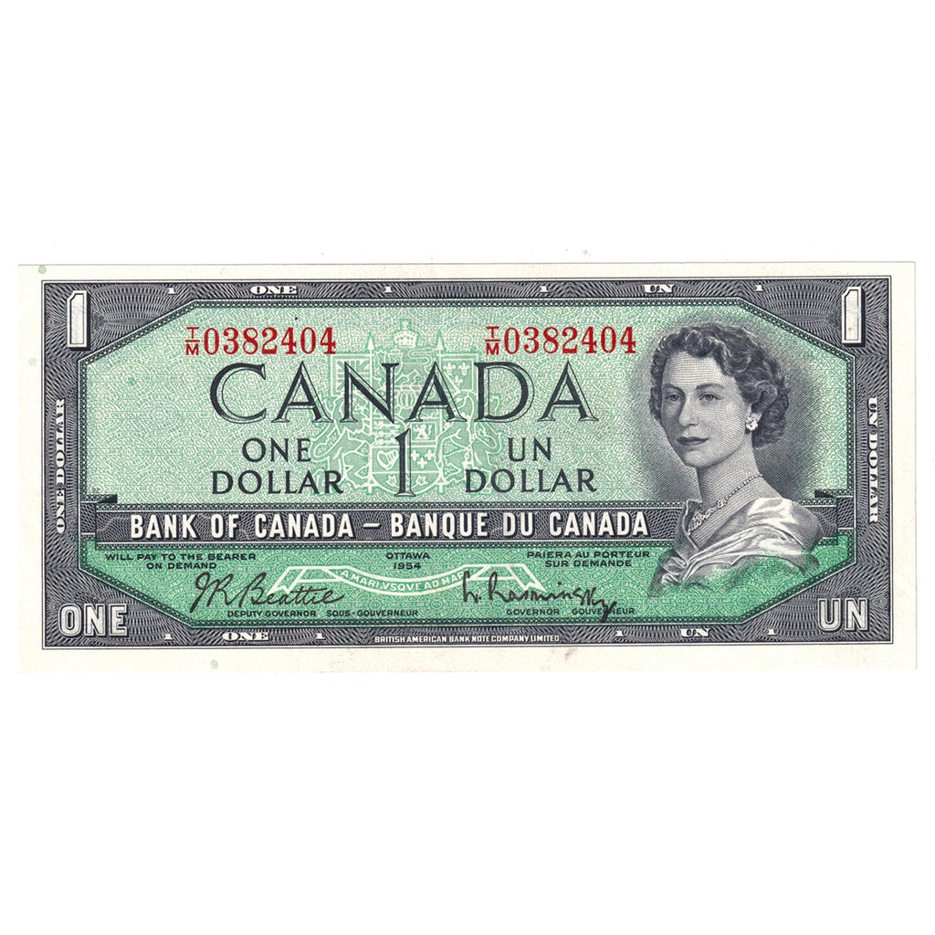 BC-37b-i 1954 Canada $1 Beattie-Rasminsky, T/M, Almost Uncirculated (AU50)
