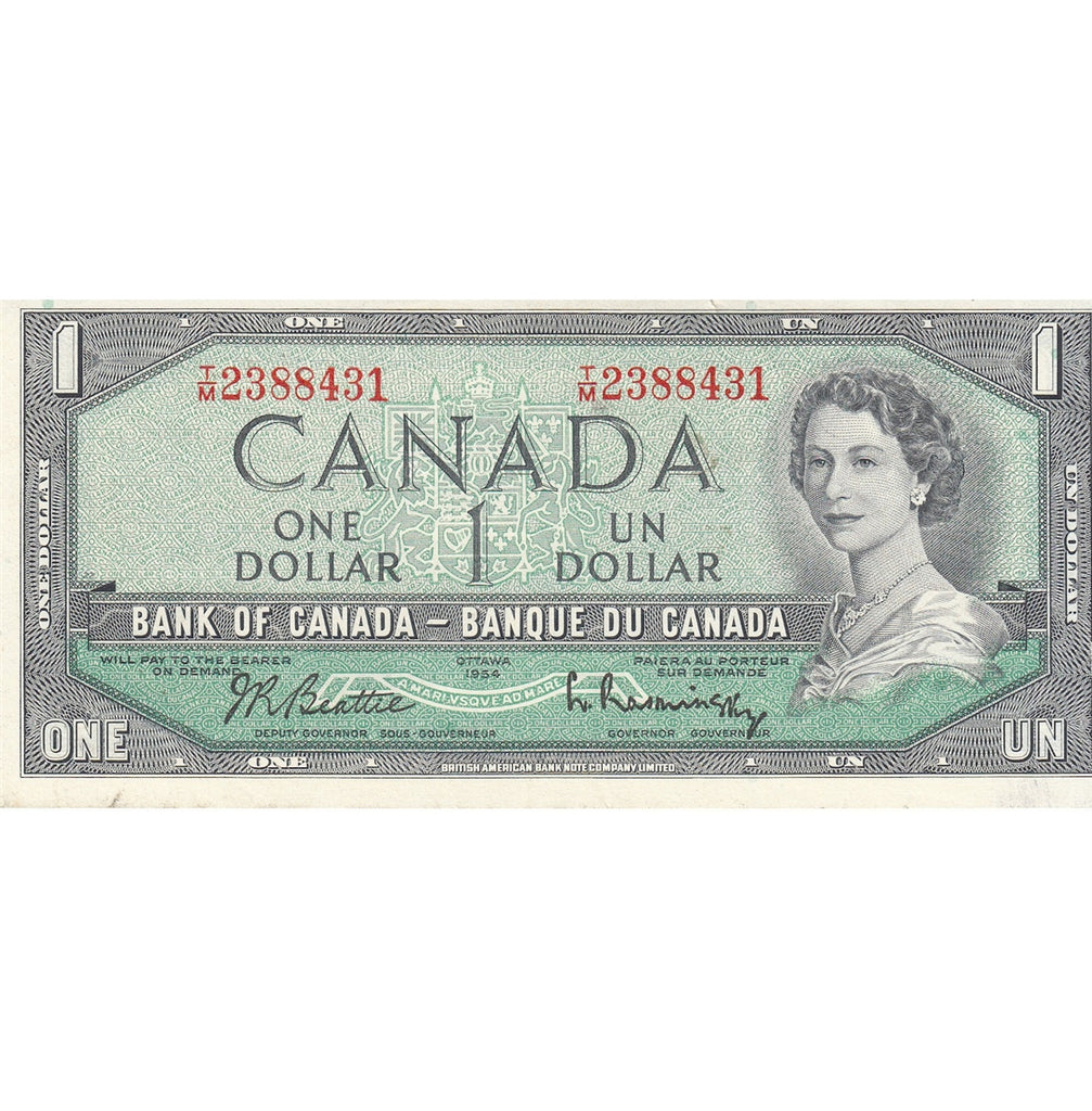 BC-37b-i 1954 Canada $1 Beattie-Rasminsky, T/M, AU-UNC (AU55)
