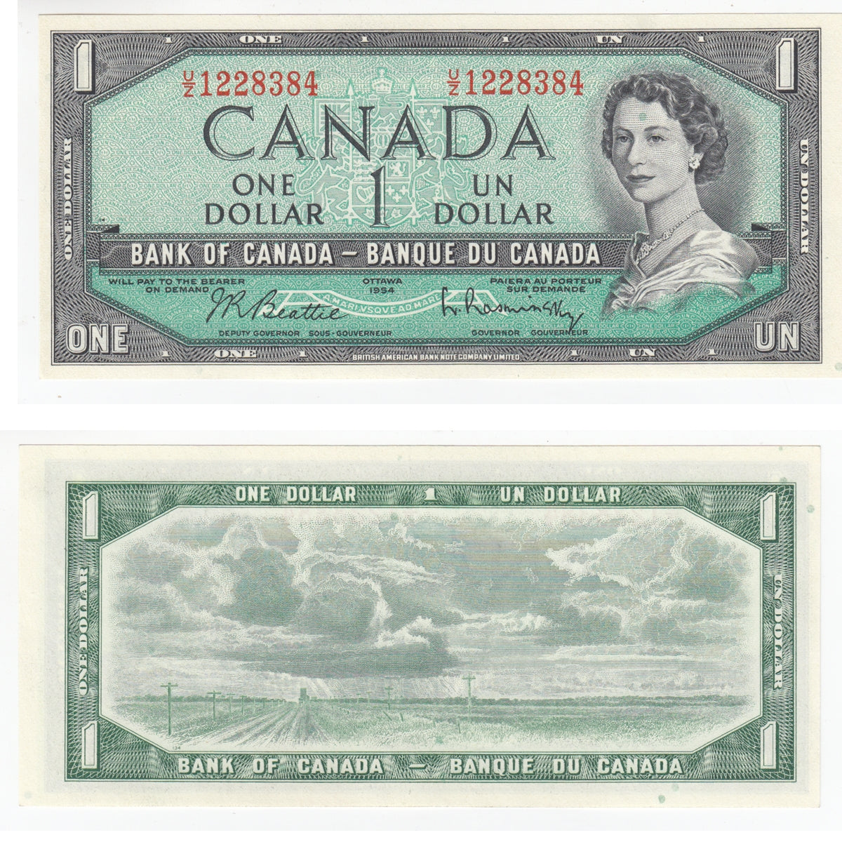 BC-37b-i 1954 Canada $1 Beattie-Rasminsky, U/Z, AU-UNC (AU55)