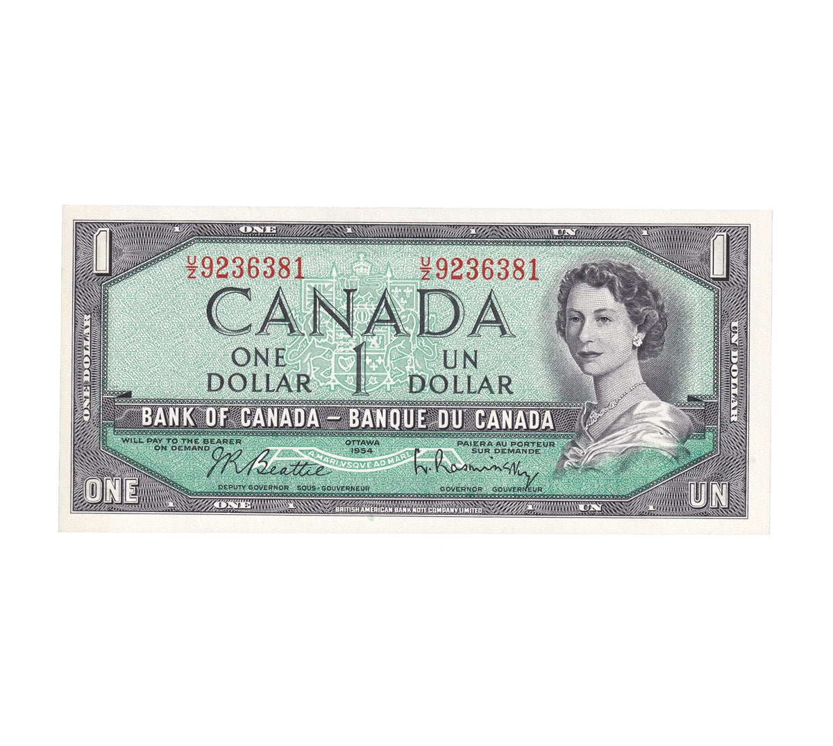 BC-37b-i 1954 Canada $1 Beattie-Rasminsky, U/Z, Choice Uncirculated (CUNC63)