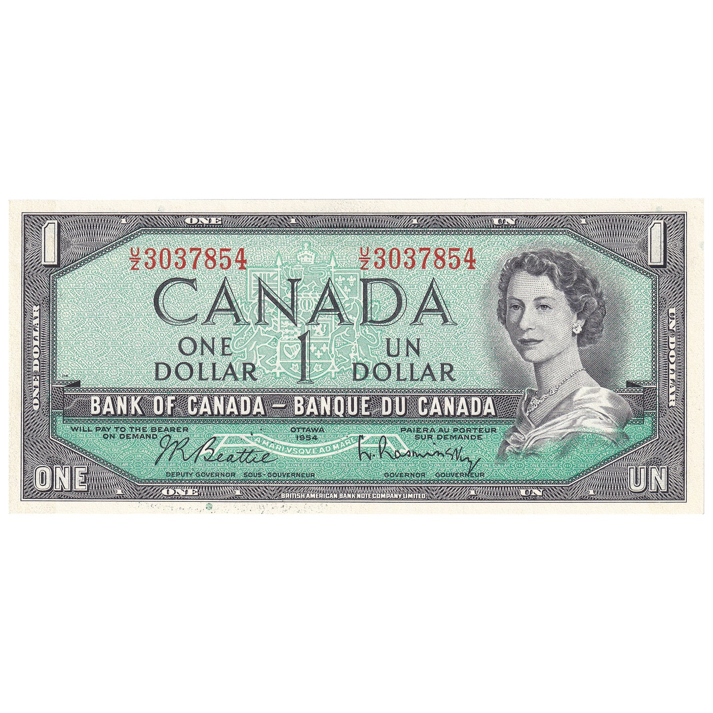 BC-37b-i 1954 Canada $1 Beattie-Rasminsky, U/Z, Uncirculated (MS60)