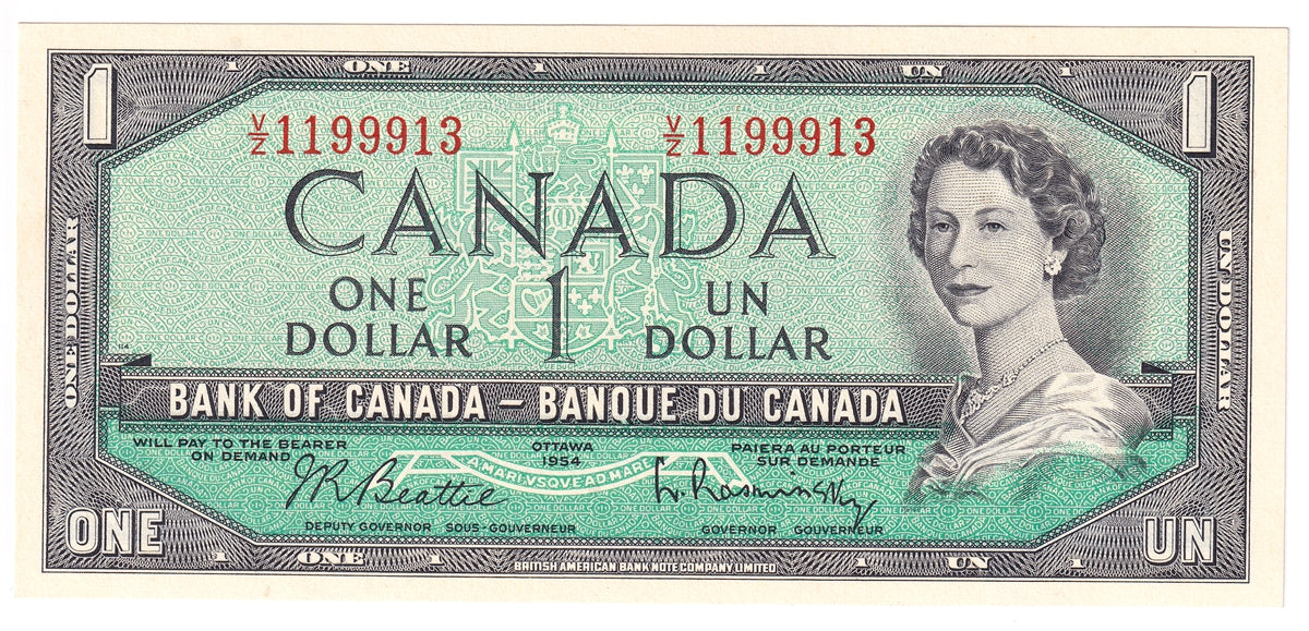 BC-37b-i 1954 Canada $1 Beattie-Rasminsky, V/Z, Uncirculated (MS60)
