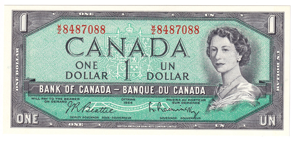 BC-37b-i 1954 Canada $1 Beattie-Rasminsky, W/Z, Choice Uncirculated (CUNC63)