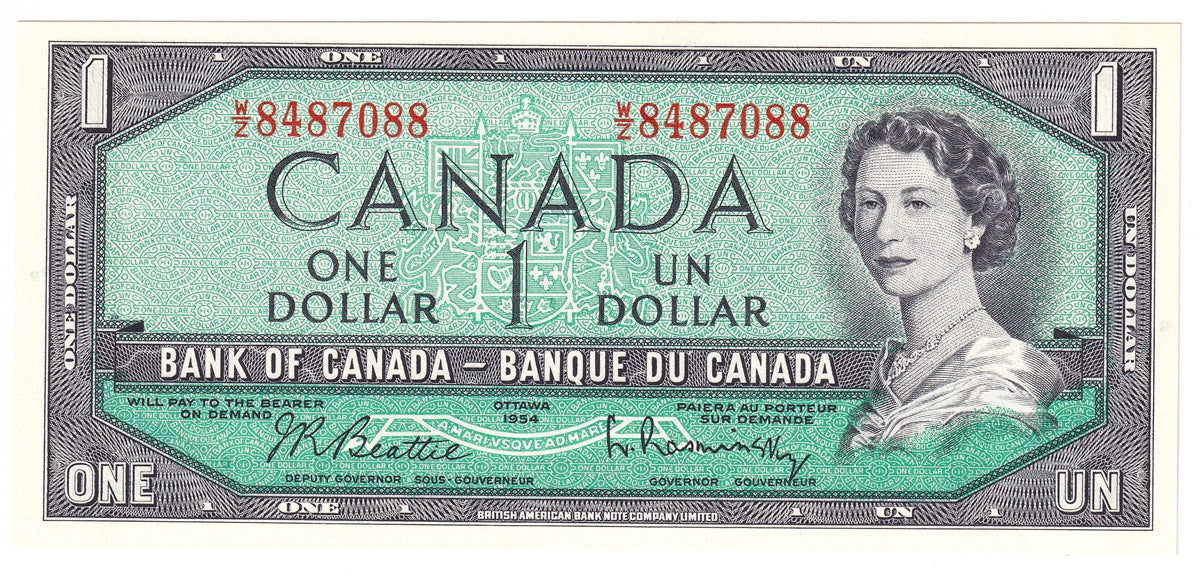 BC-37b-i 1954 Canada $1 Beattie-Rasminsky, W/Z, Choice Uncirculated (CUNC63)