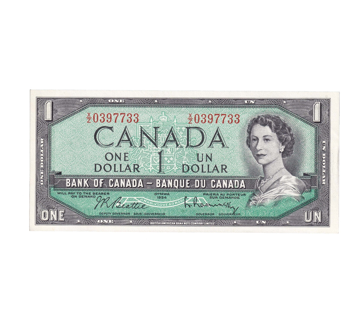 BC-37b-i 1954 Canada $1 Beattie-Rasminsky, X/Z, AU-UNC (AU55)