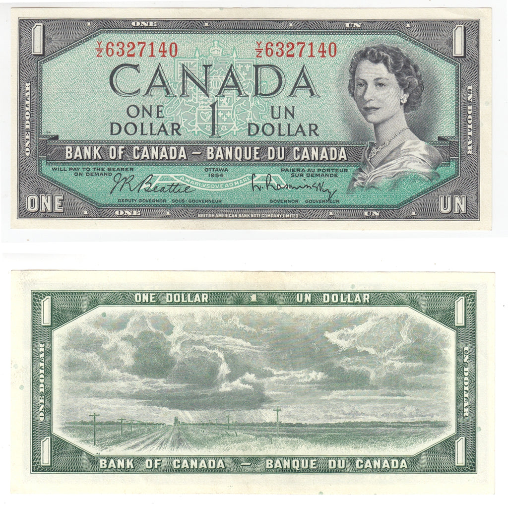 BC-37b-i 1954 Canada $1 Beattie-Rasminsky, Y/Z, AU-UNC (AU55)