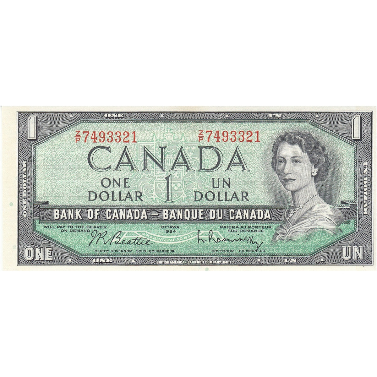 BC-37b-i 1954 Canada $1 Beattie-Rasminsky, Z/P, Almost Uncirculated (AU50)