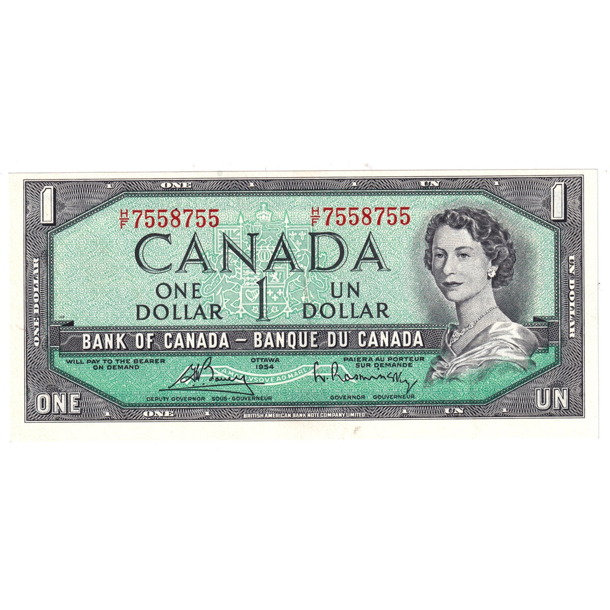 BC-37c 1954 Canada $1 Bouey-Rasminsky, H/F, Uncirculated (MS60)