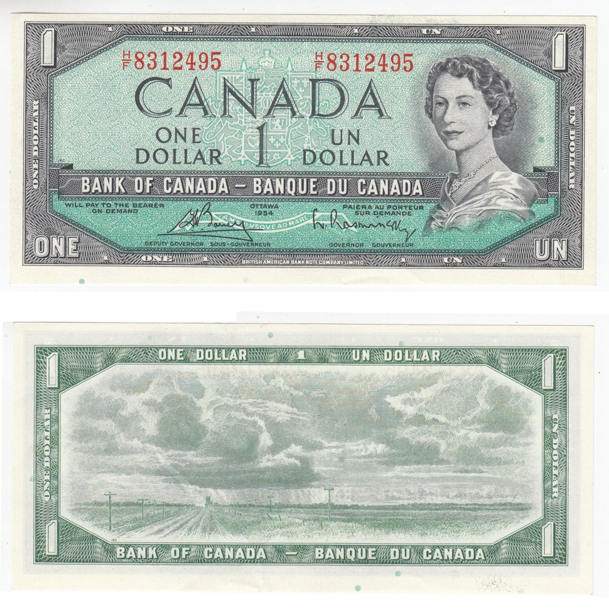 BC-37c 1954 Canada $1 Bouey-Rasminsky, H/F, AU-UNC (AU55)