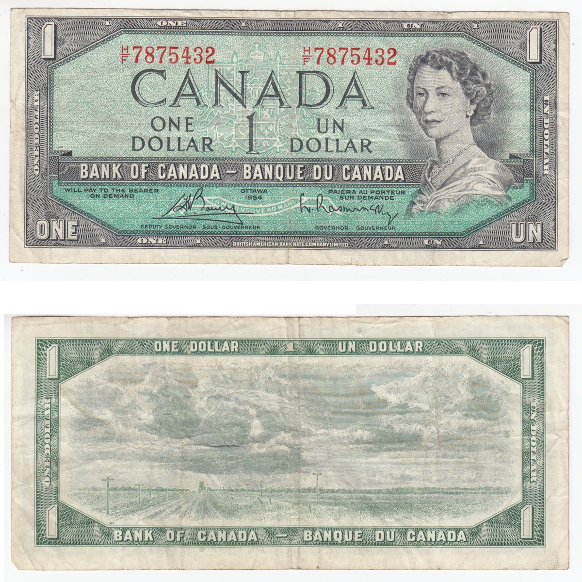 BC-37c 1954 Canada $1 Bouey-Rasminsky, H/F, F-VF (F15)