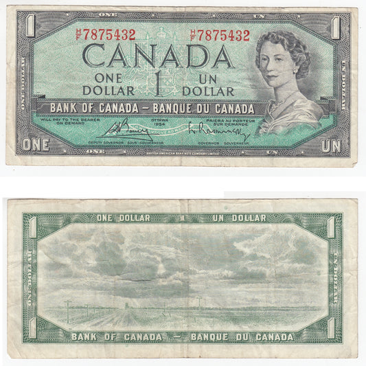 BC-37c 1954 Canada $1 Bouey-Rasminsky, H/F, F-VF (F15)