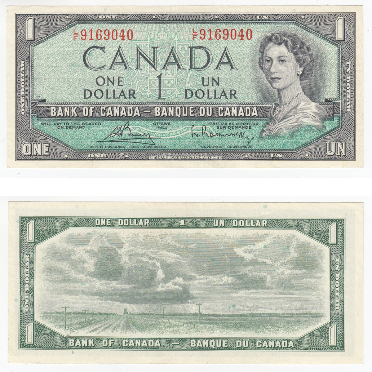 BC-37c 1954 Canada $1 Bouey-Rasminsky, L/F, Almost Uncirculated (AU50)