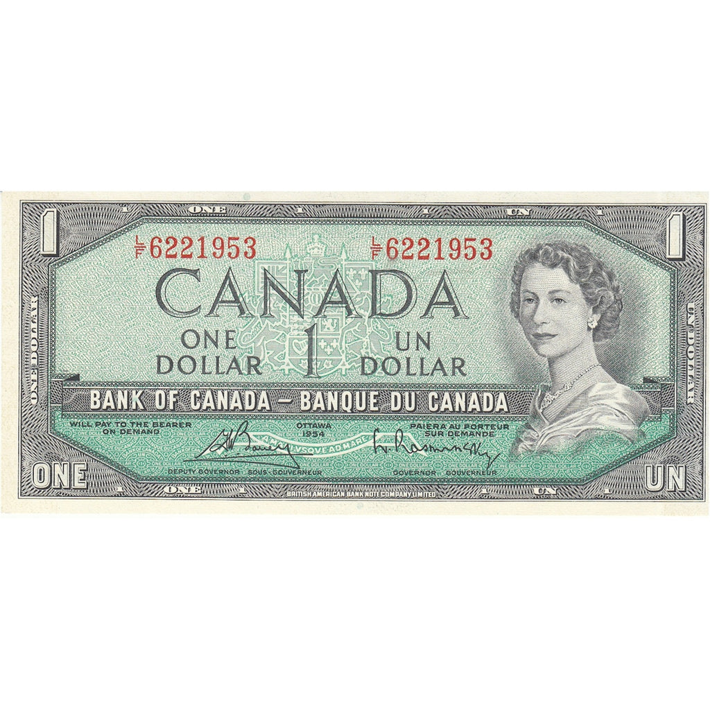 BC-37c 1954 Canada $1 Bouey-Rasminsky, L/F, AU-UNC (AU55)