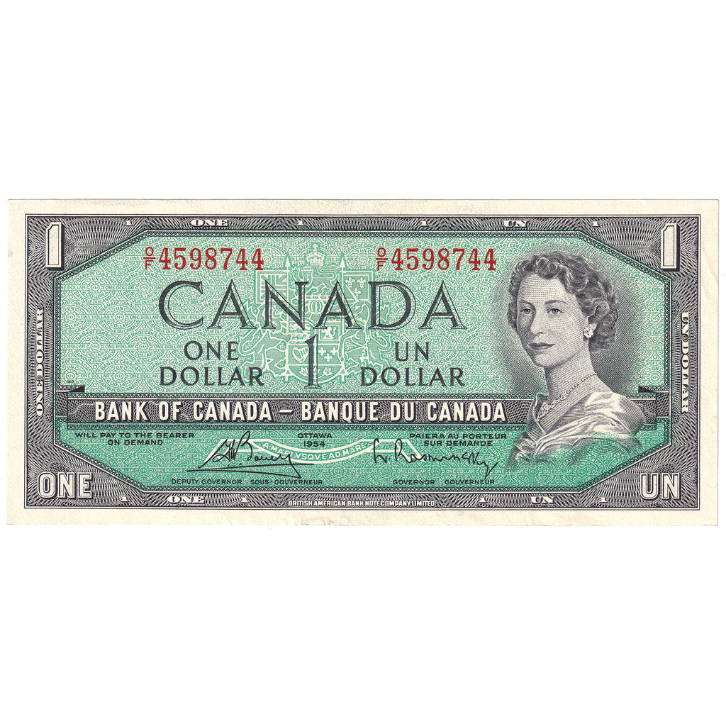 BC-37c 1954 Canada $1 Bouey-Rasminsky, O/F, Almost Uncirculated (AU50)
