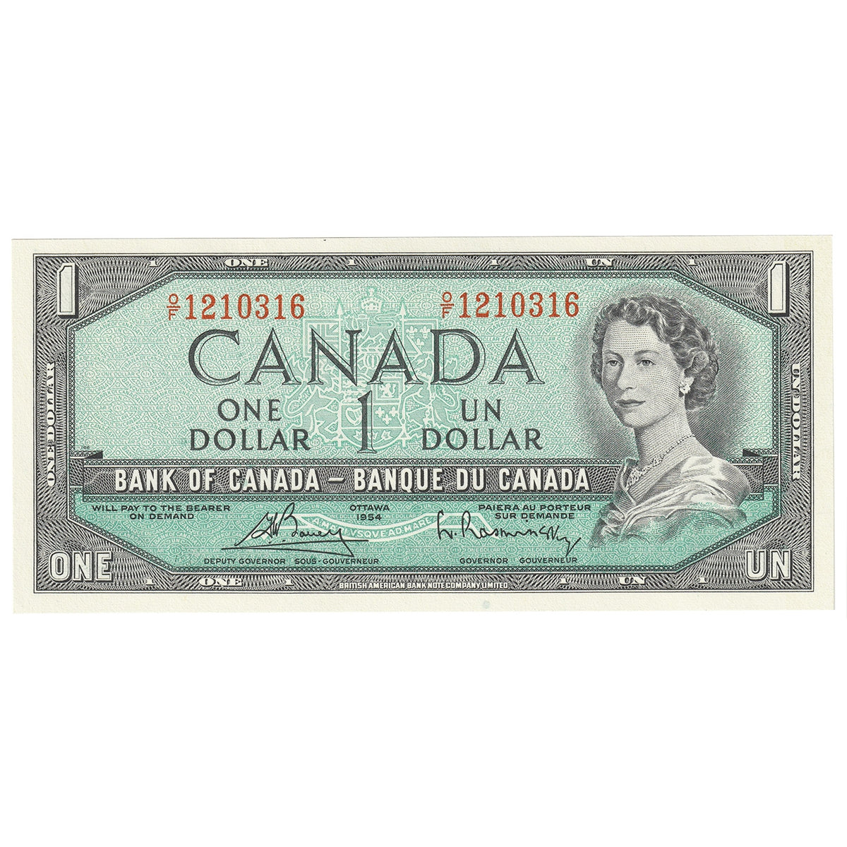 BC-37c 1954 Canada $1 Bouey-Rasminsky, O/F, Choice Uncirculated (CUNC63)