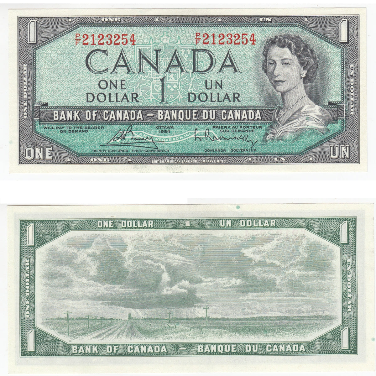 BC-37c 1954 Canada $1 Bouey-Rasminsky, P/F, AU-UNC (AU55)