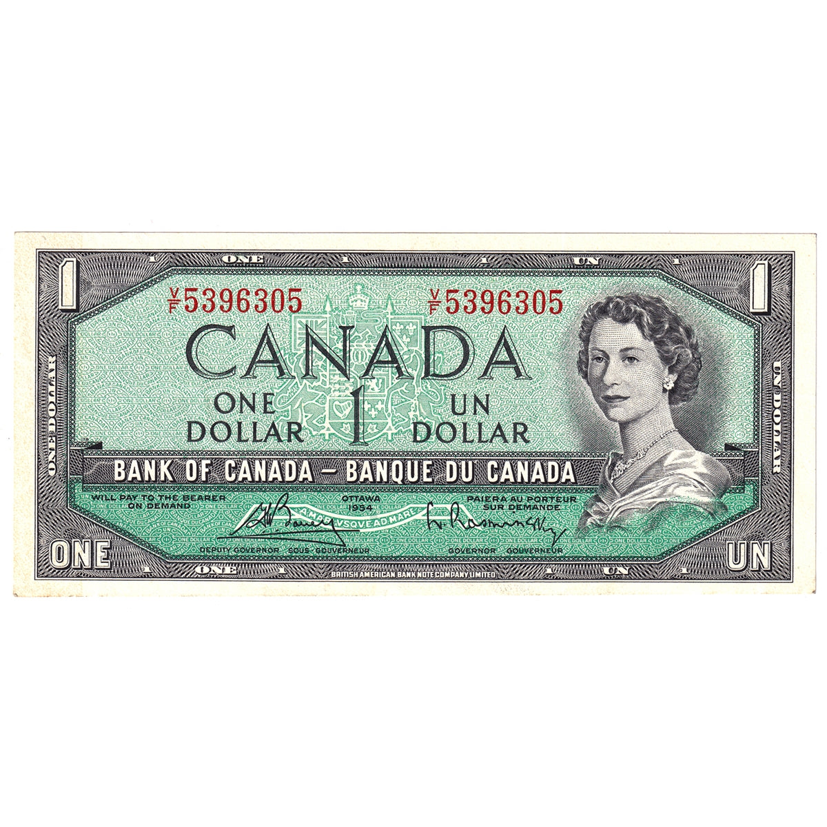 BC-37c 1954 Canada $1 Bouey-Rasminsky, V/F, Almost Uncirculated (AU50)
